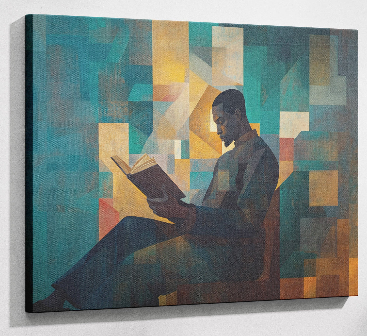 Black Man Reading Teal Abstract African American wall art canvas print with visible wall art format