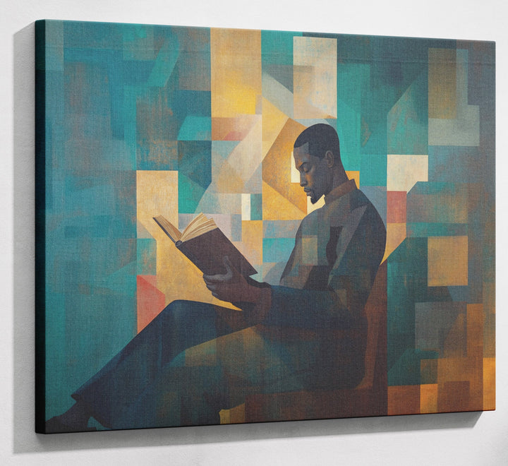 Black Man Reading Teal Abstract African American wall art canvas print with visible wall art format