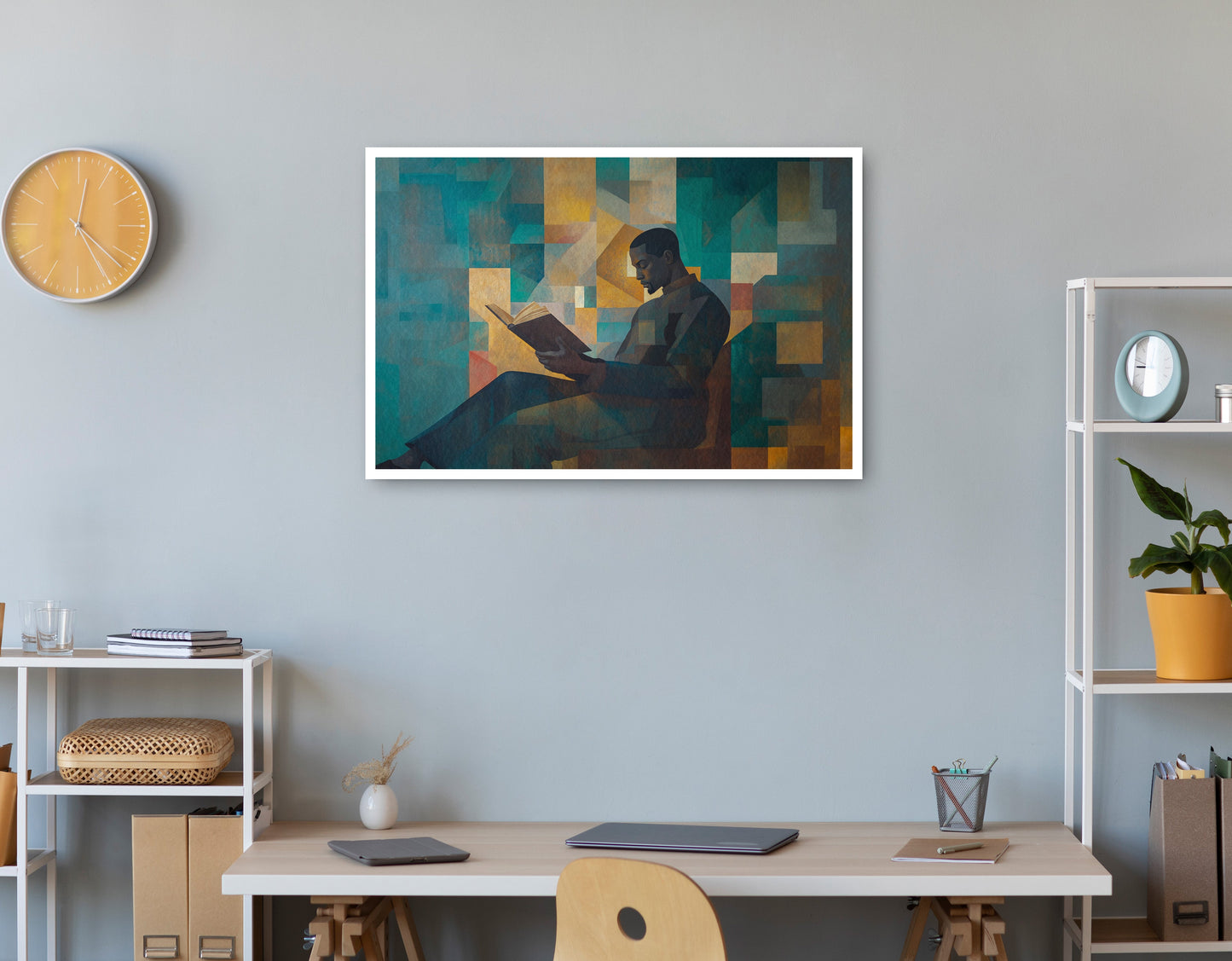 Black Man Reading Teal Abstract African American wall art print view