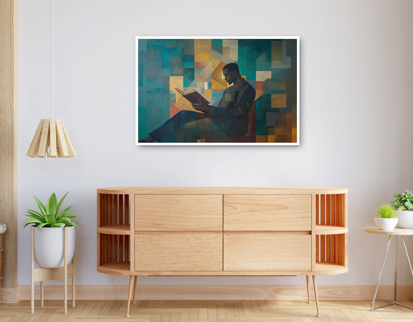 Alternate view of Black Man Reading Teal Abstract African American wall art canvas print