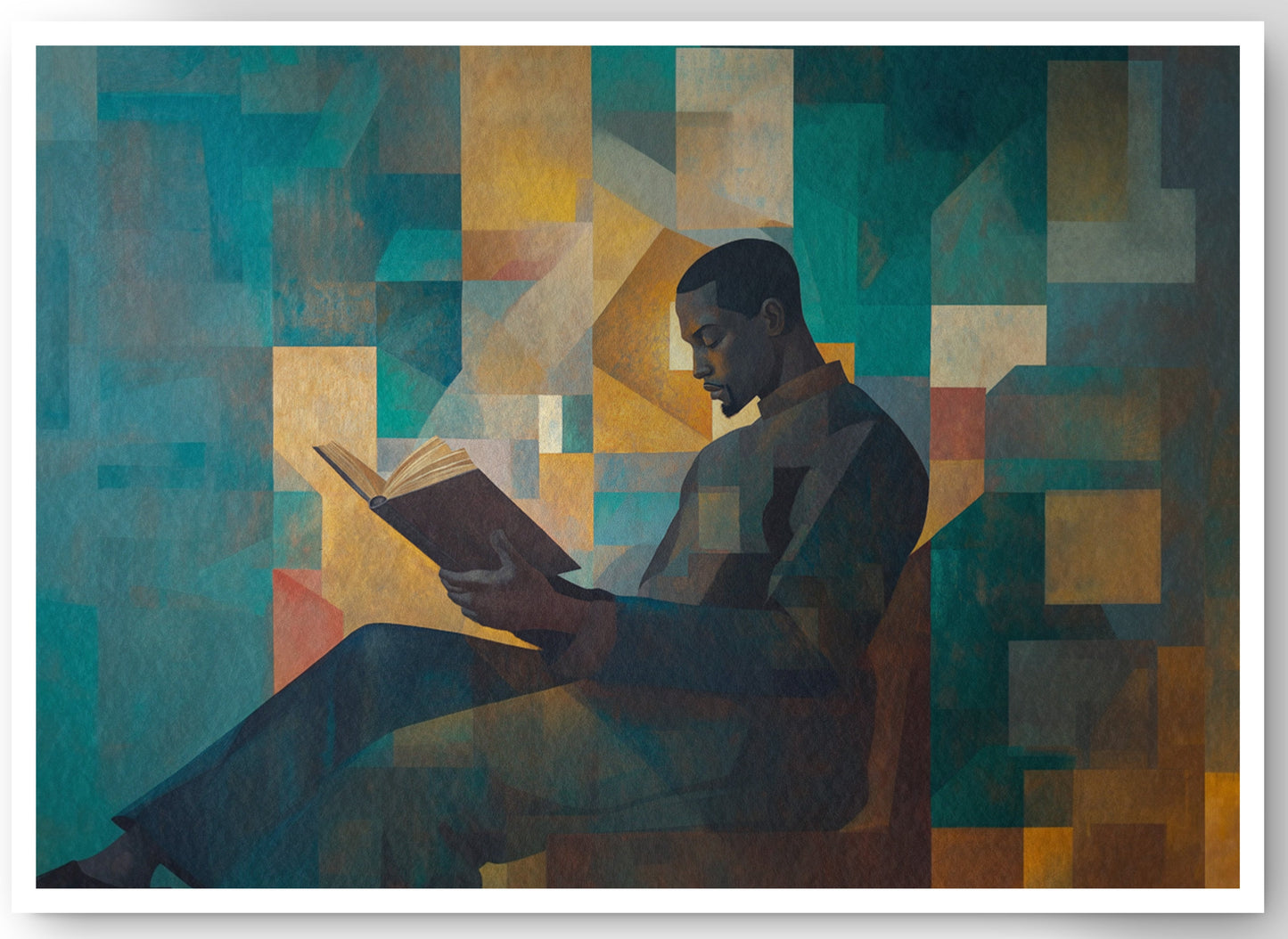 Black Man Reading Teal Abstract African American wall art canvas print by MoomZee Artwork