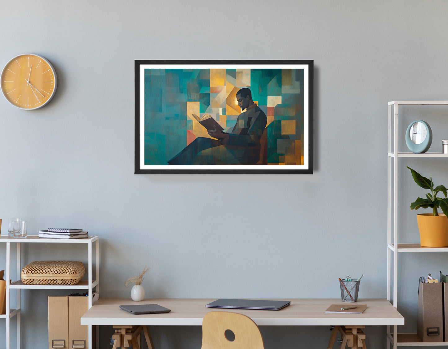 Black Man Reading Teal Abstract African American wall art view 72