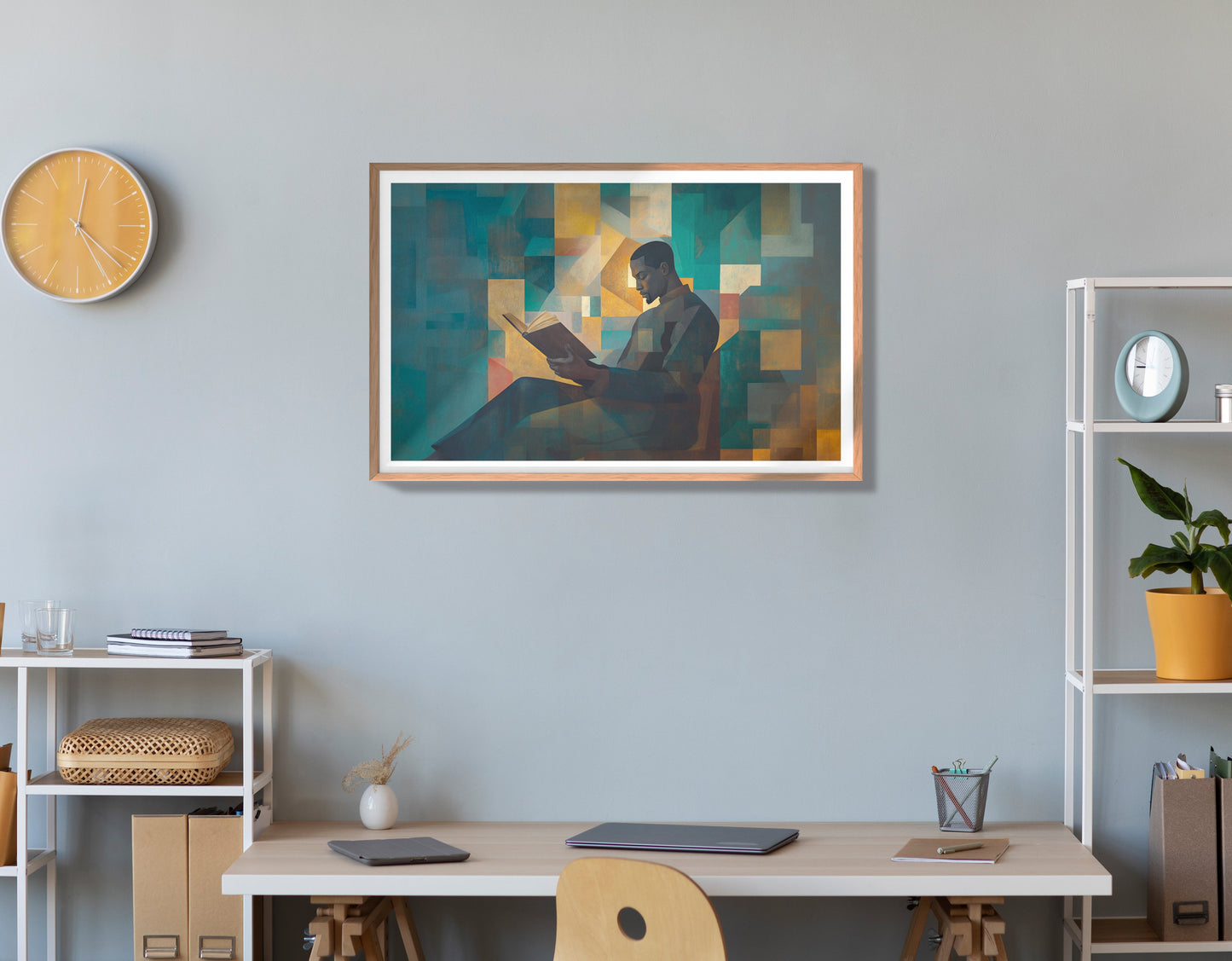 Black Man Reading Teal Abstract African American wall art view 84