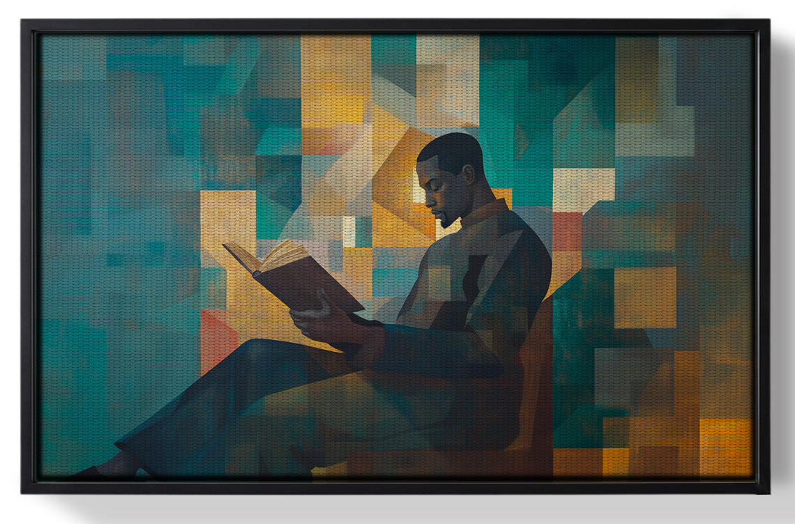 Framed Black Man Reading Teal Abstract African American wall art for home decor