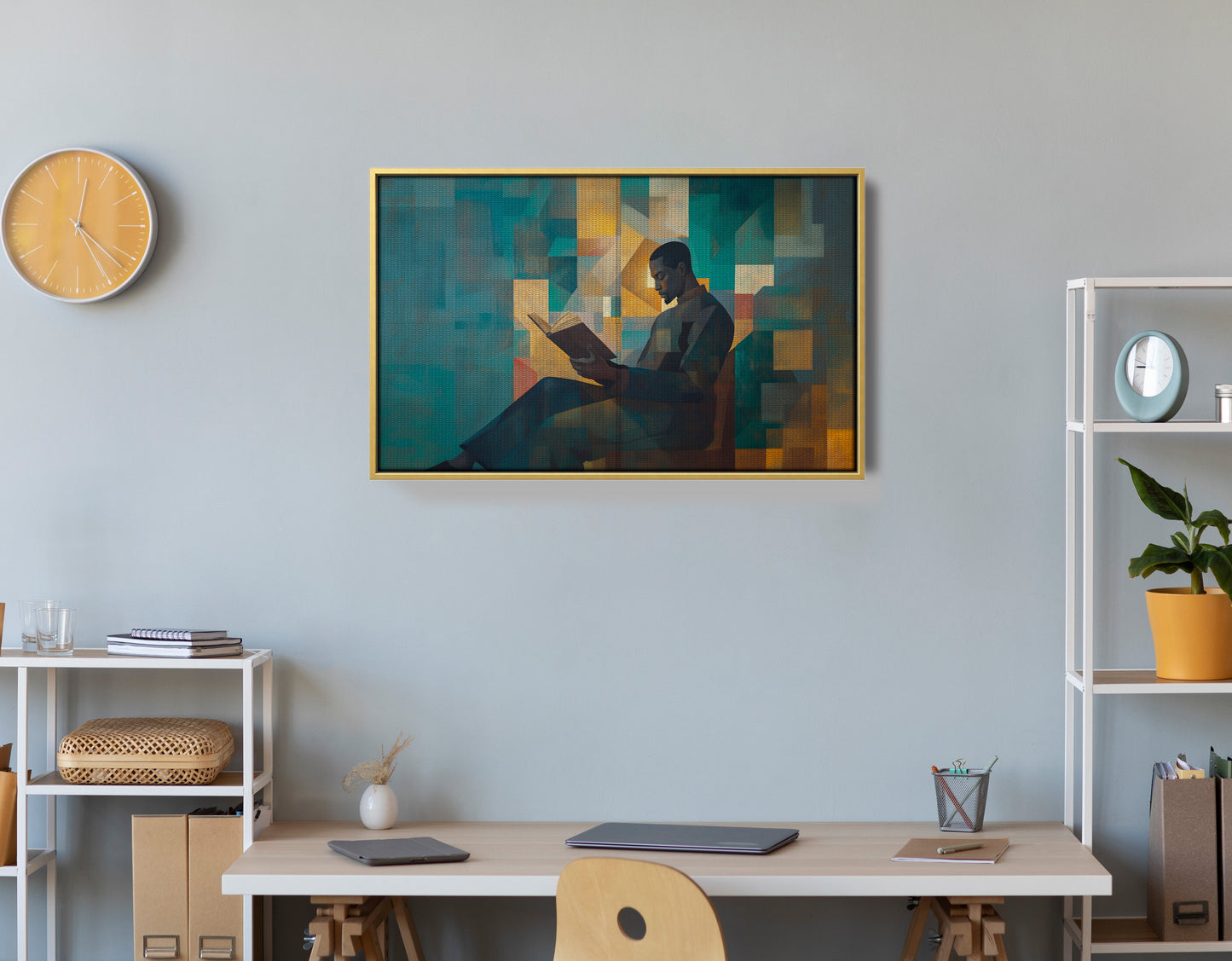 Black Man Reading Teal Abstract African American wall art view 42