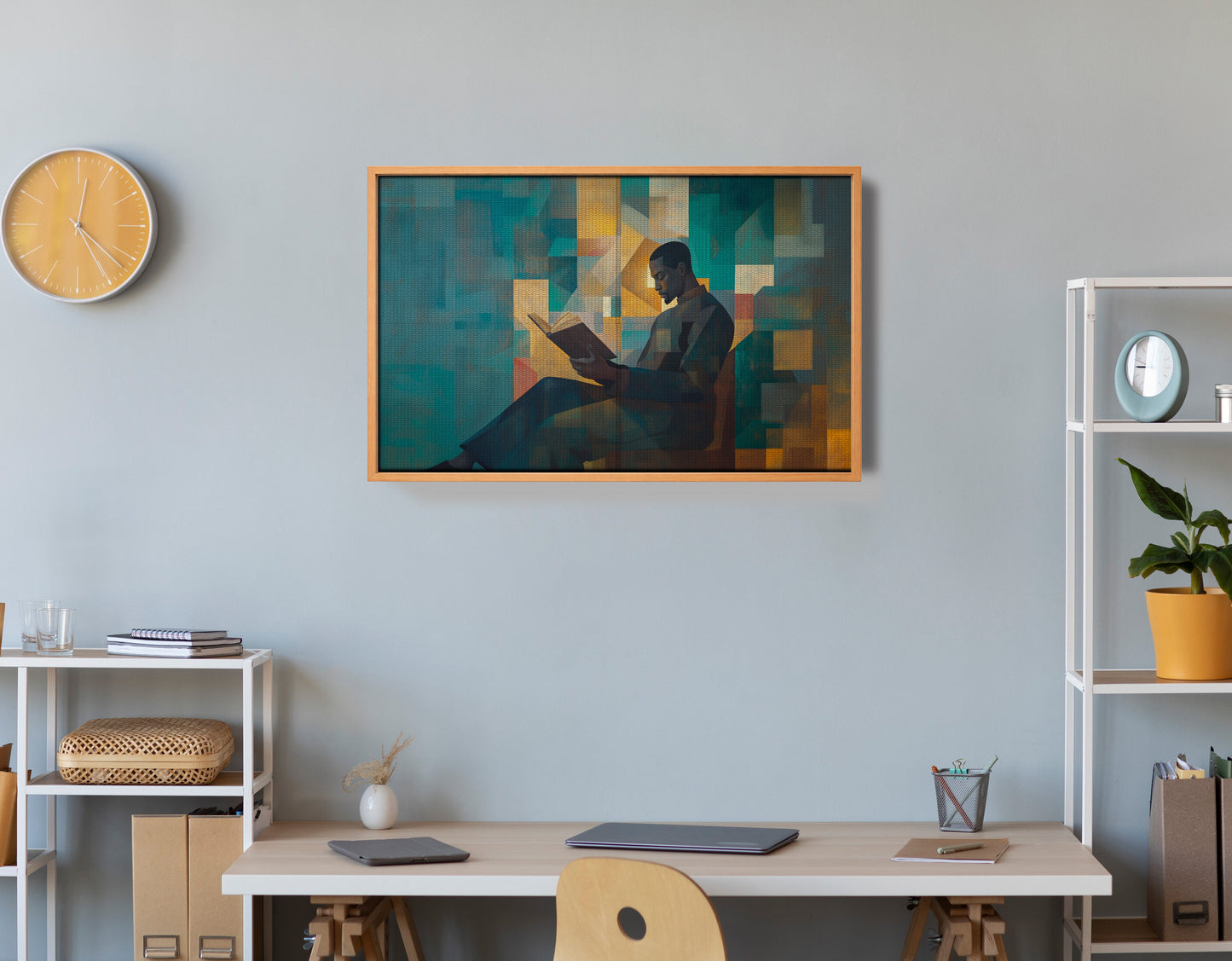 Black Man Reading Teal Abstract African American wall art view 48