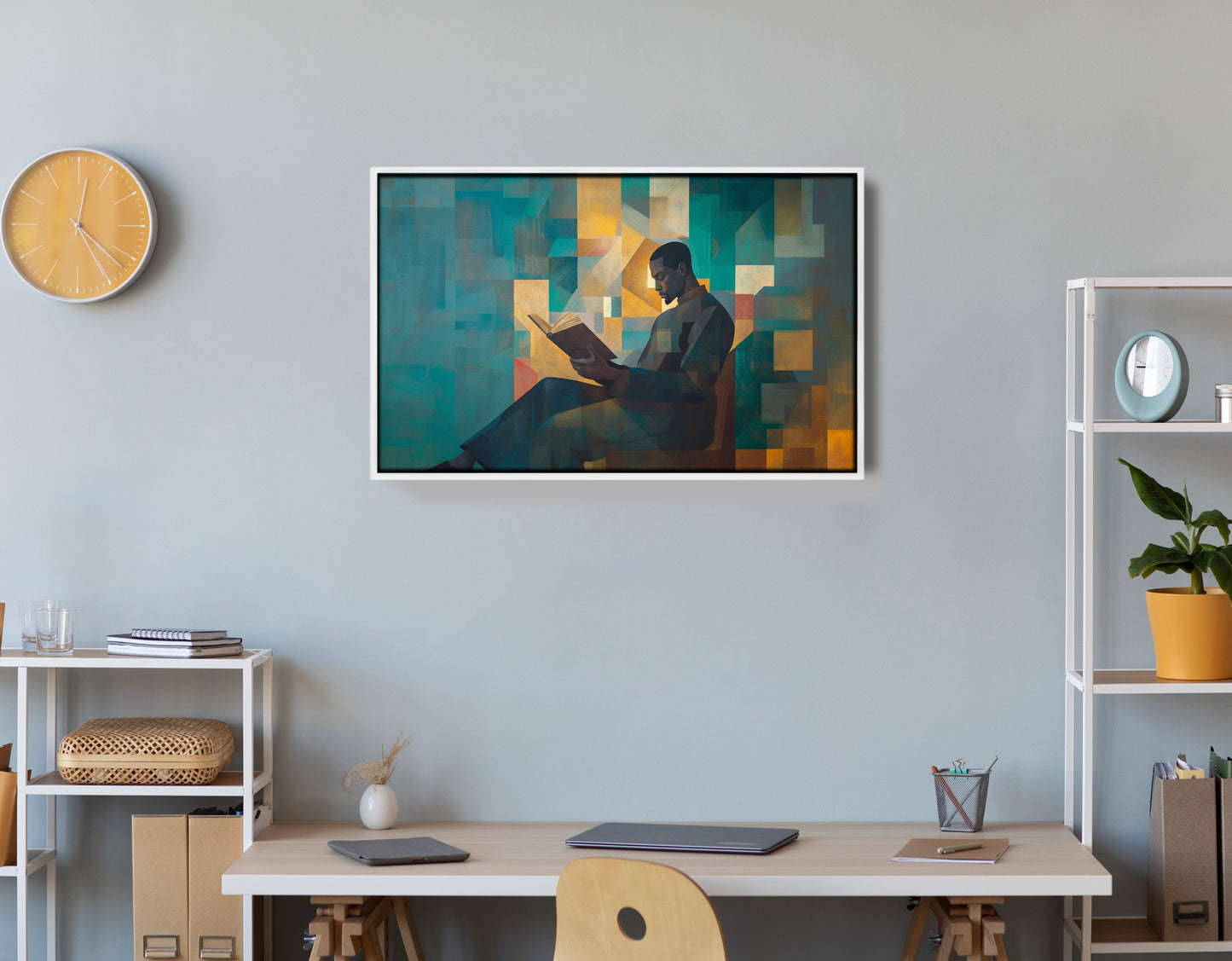 Black Man Reading Teal Abstract African American wall art view 66