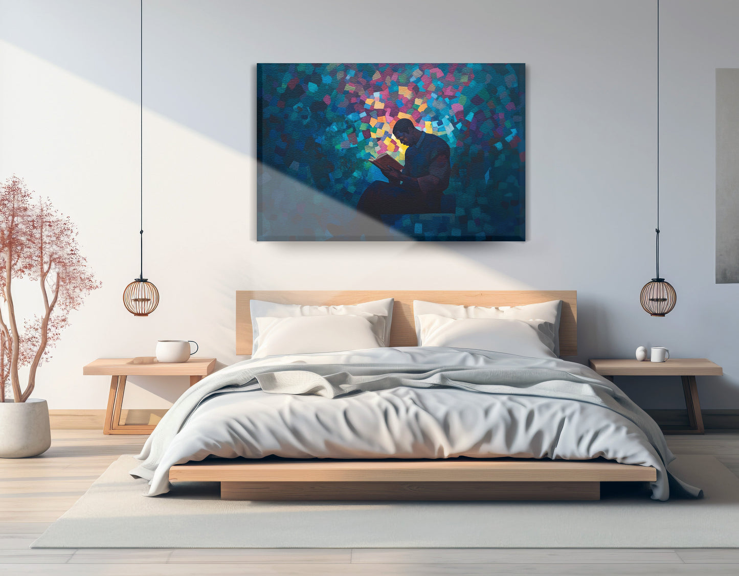 Black Man Reading Blue Abstract African American wall art displayed as bedroom wall decor