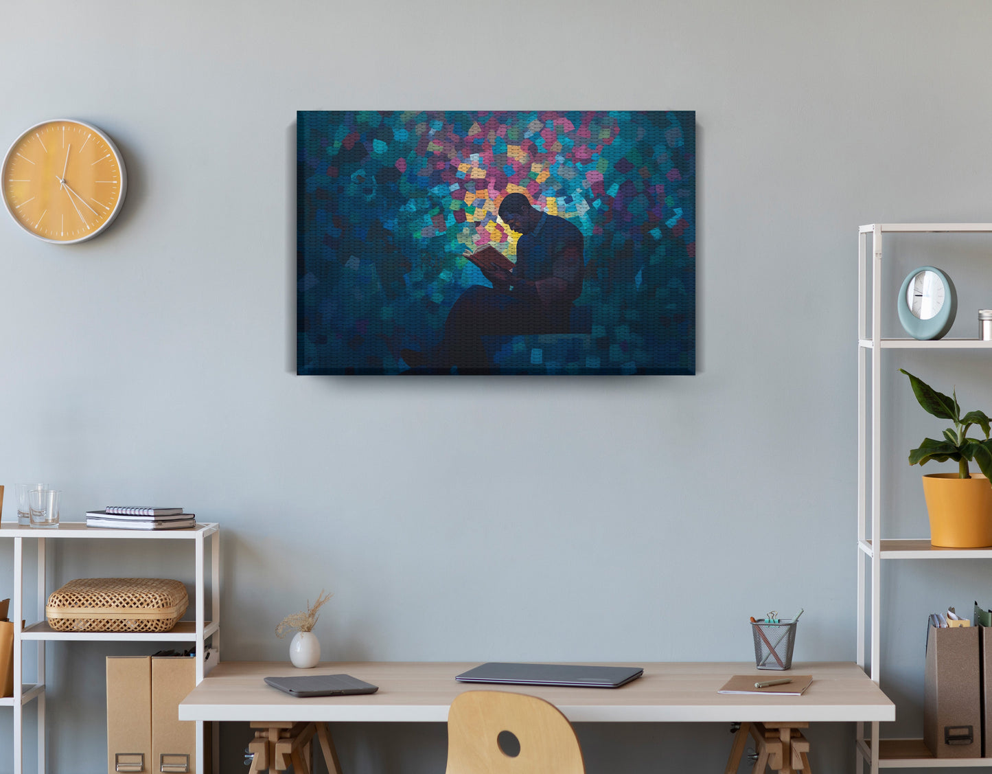 Black Man Reading Blue Abstract African American wall art displayed as office wall decor