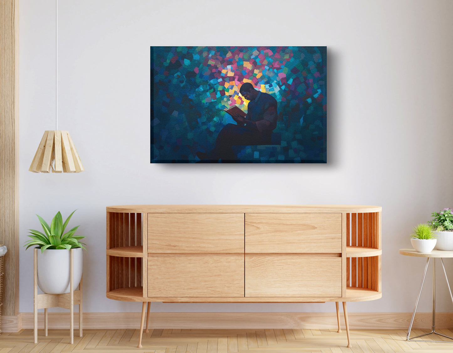 Black Man Reading Blue Abstract African American wall art displayed as living room wall decor