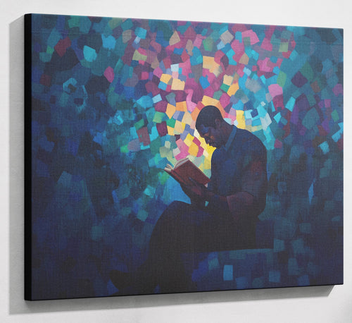 Black Man Reading Blue Abstract African American wall art canvas print with visible wall art format