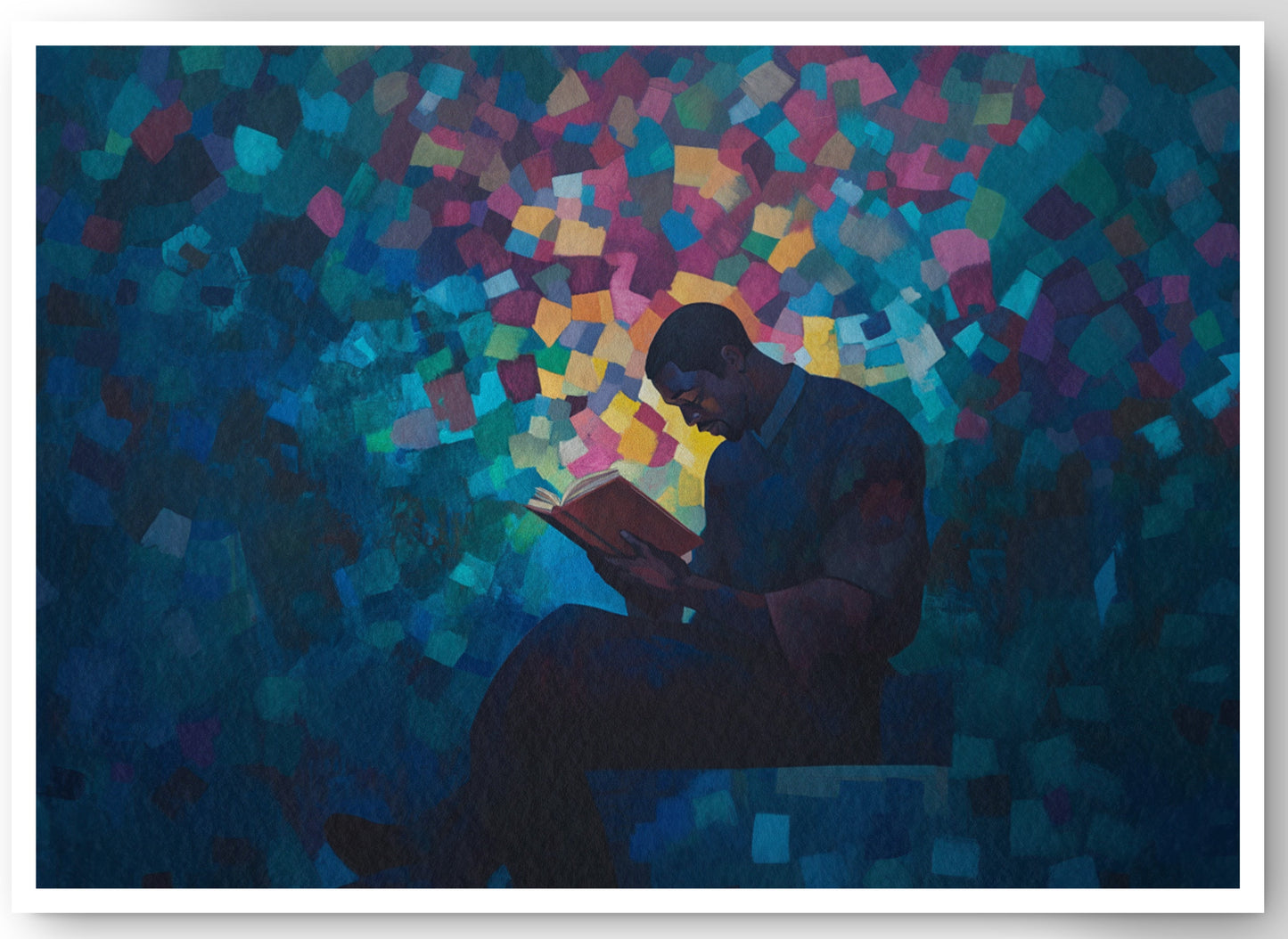 Black Man Reading Blue Abstract African American wall art canvas print by MoomZee Artwork