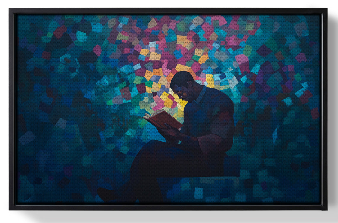 Framed Black Man Reading Blue Abstract African American wall art for home decor