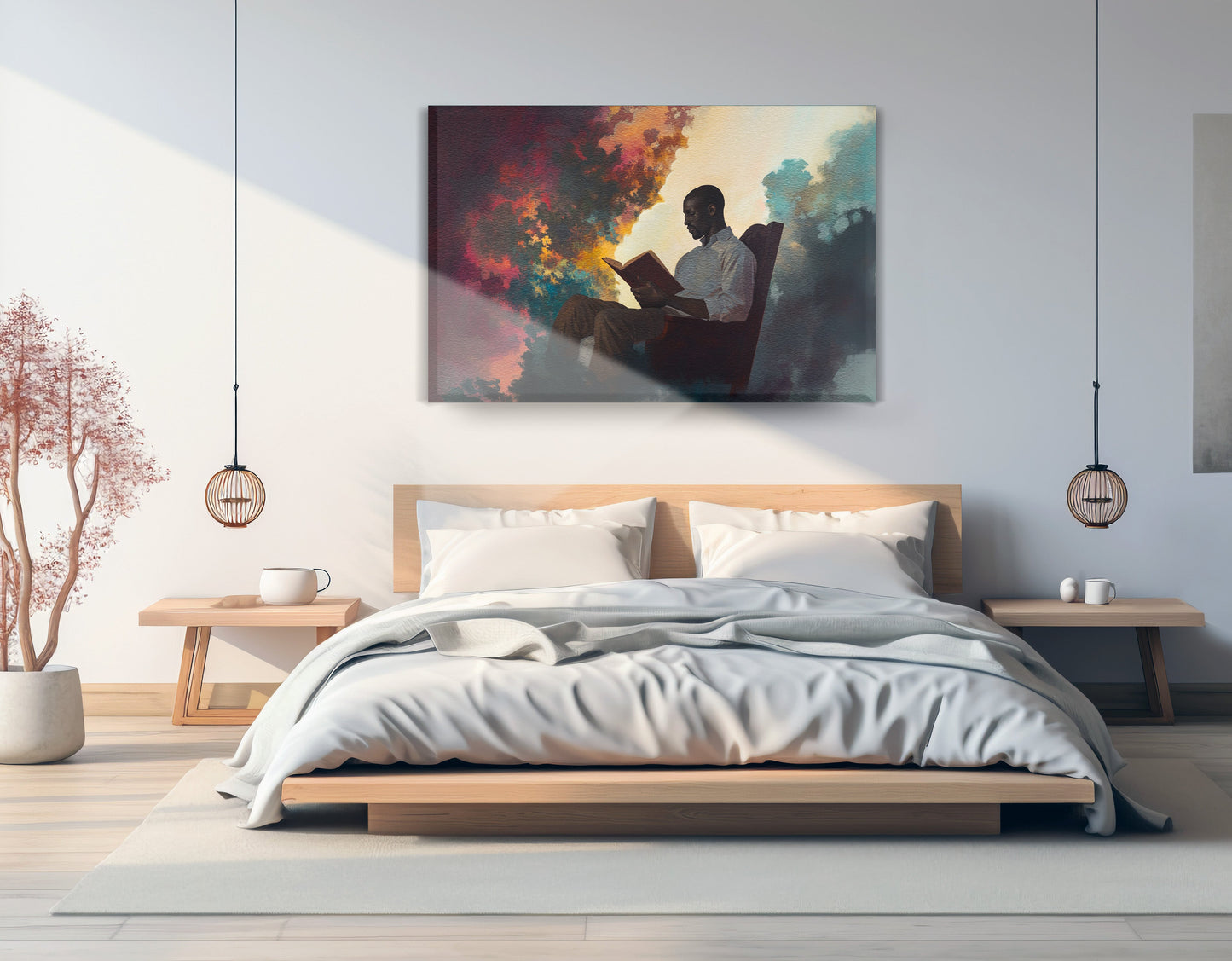 Black Man Reading Floral African American wall art displayed as bedroom wall decor
