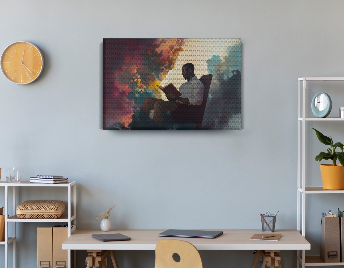 Black Man Reading Floral African American wall art displayed as office wall decor
