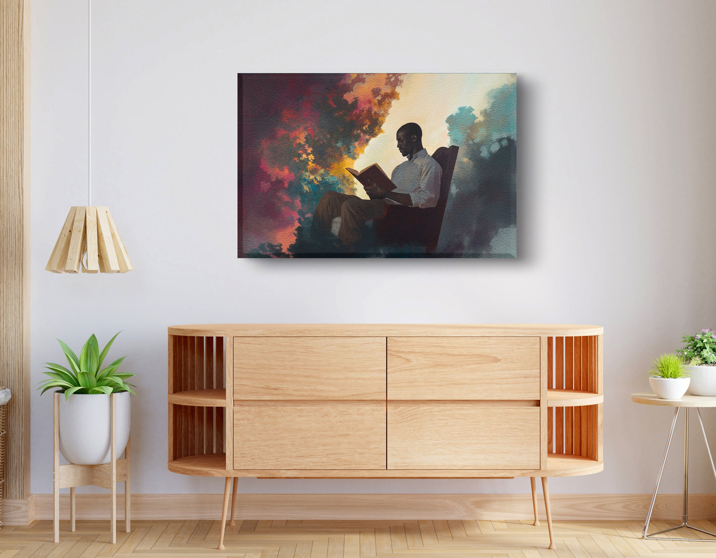 Black Man Reading Floral African American wall art displayed as living room wall decor