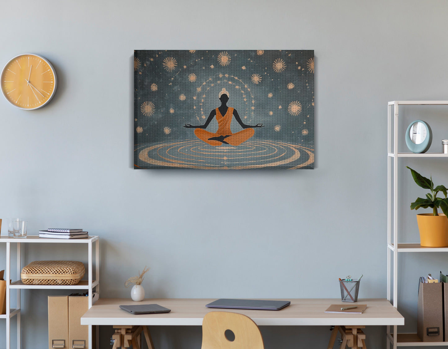 Black Woman Yoga Energy African American wall art displayed as office wall decor