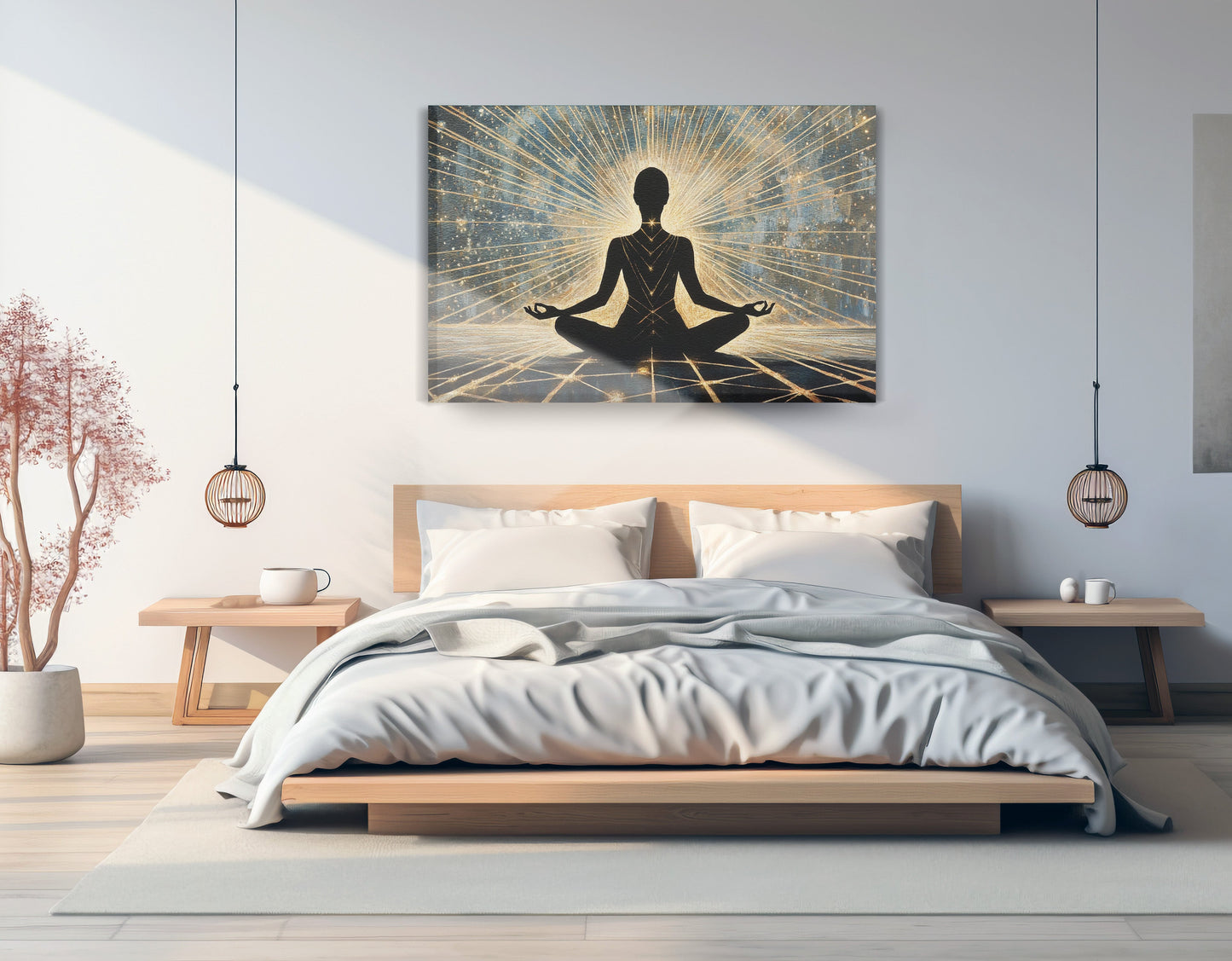 Black Woman Meditation Light African American wall art displayed as bedroom wall decor