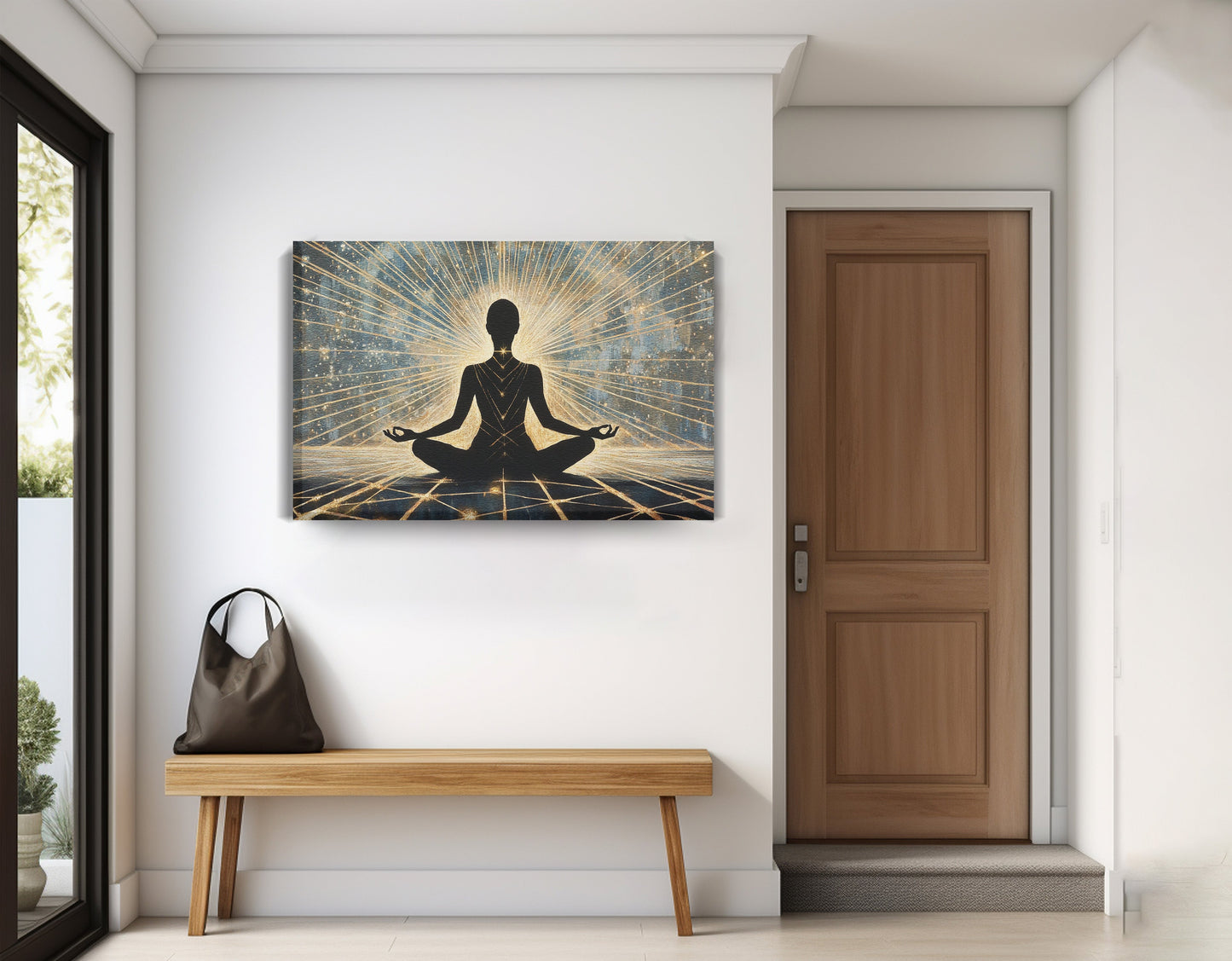 Black Woman Meditation Light African American wall art displayed as entryway wall decor