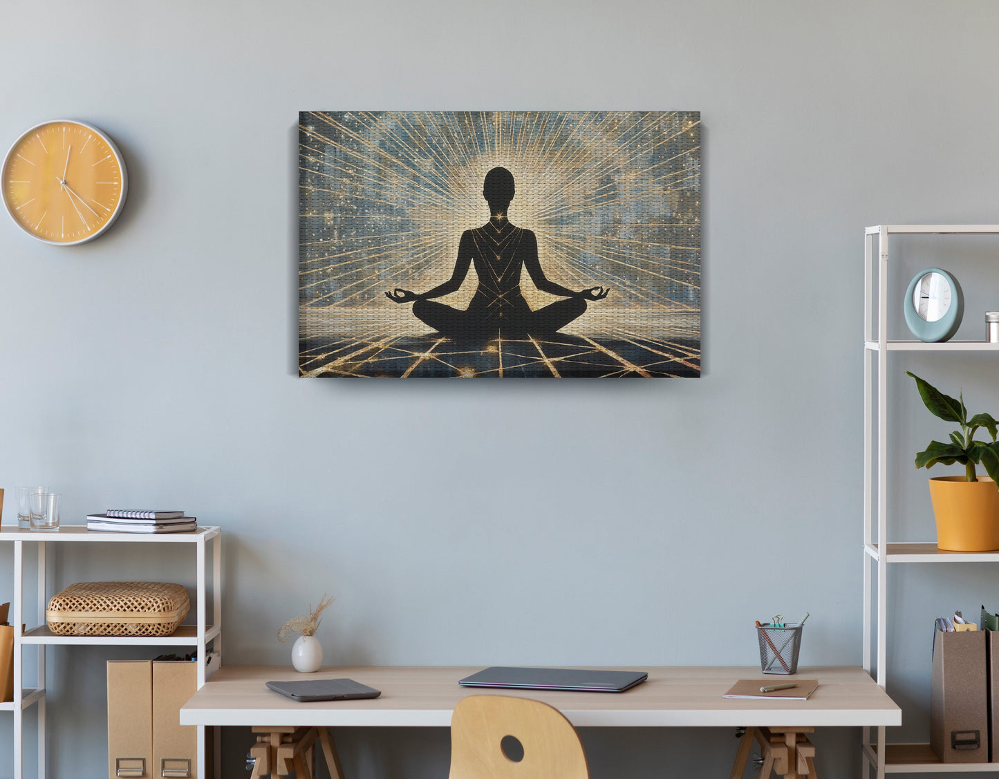 Black Woman Meditation Light African American wall art displayed as office wall decor
