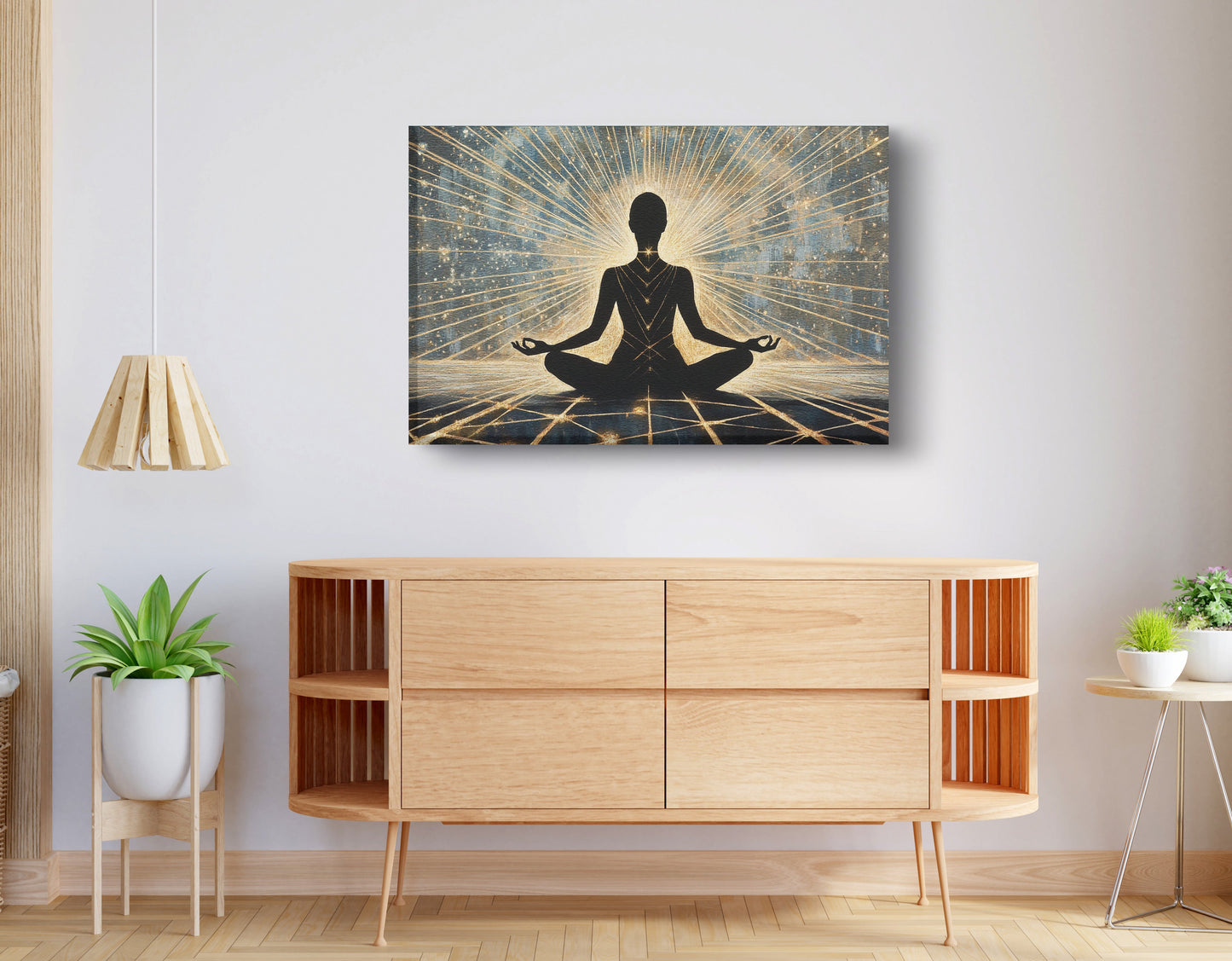 Black Woman Meditation Light African American wall art displayed as living room wall decor