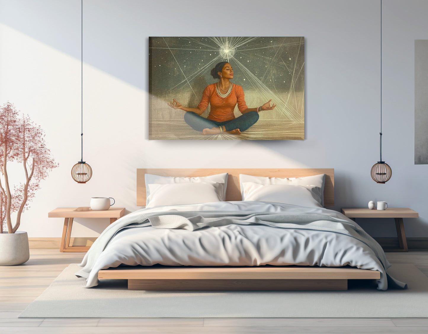 Black Woman Yoga Light African American wall art displayed as bedroom wall decor