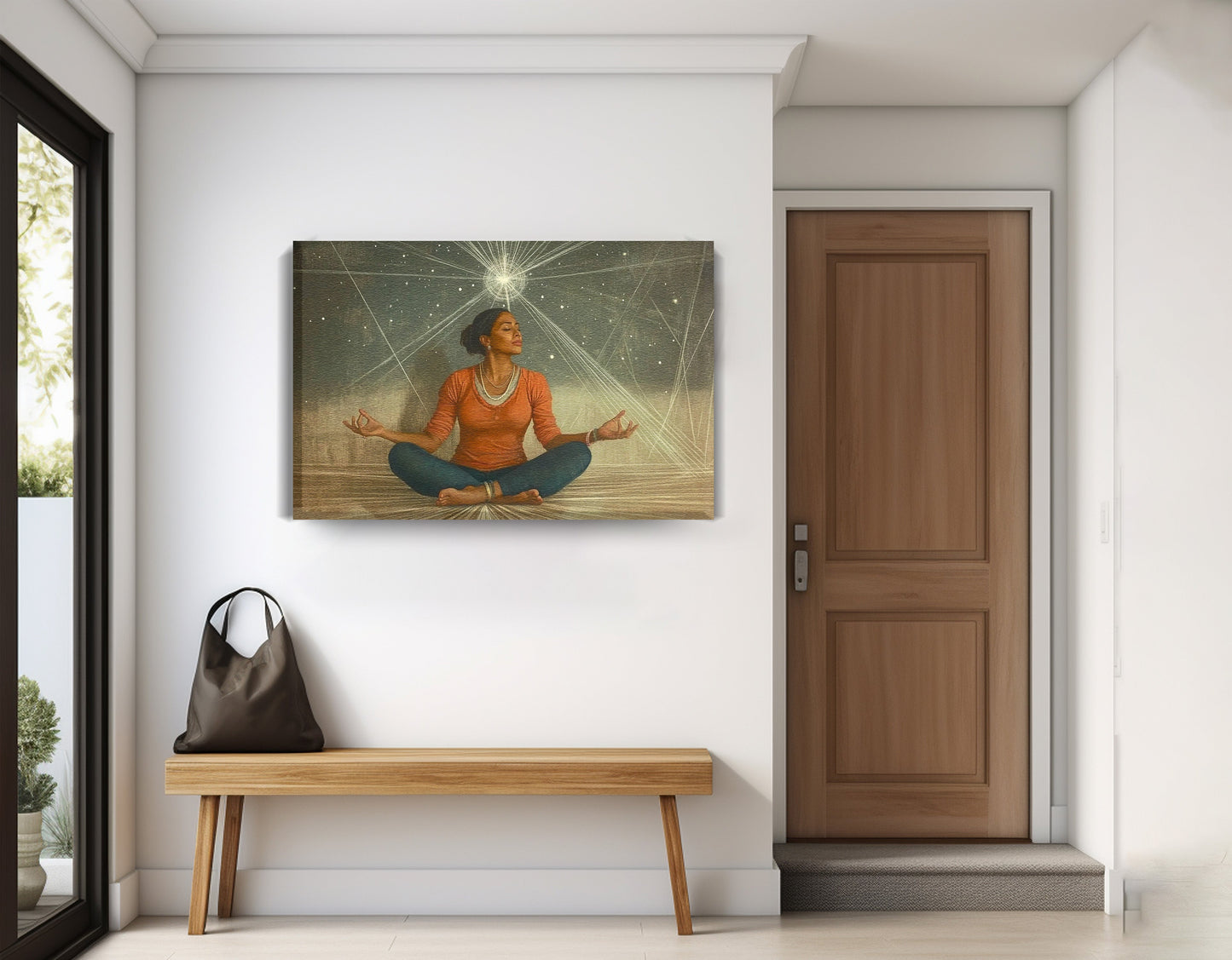 Black Woman Yoga Light African American wall art displayed as entryway wall decor