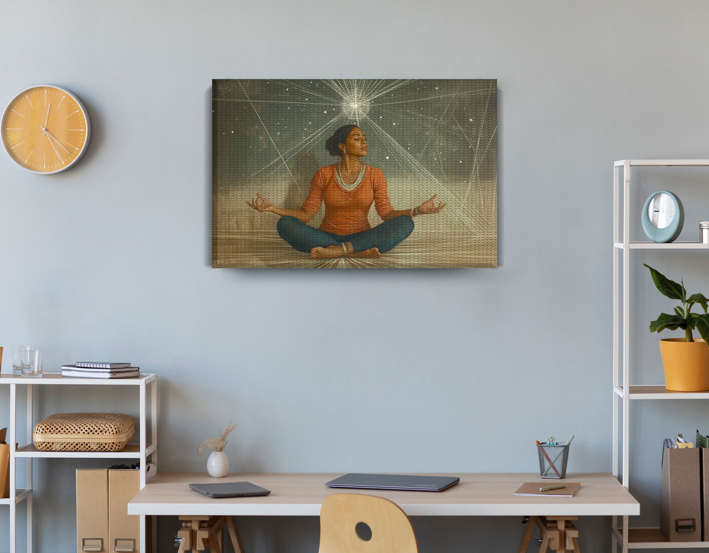 Black Woman Yoga Light African American wall art displayed as office wall decor