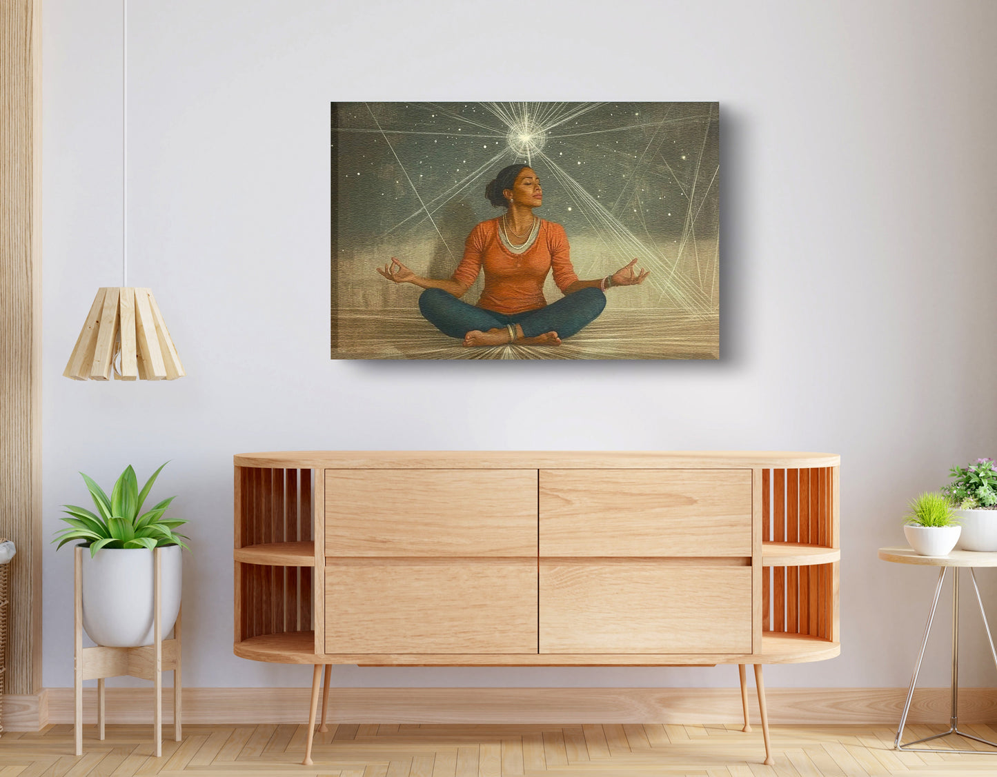 Black Woman Yoga Light African American wall art displayed as living room wall decor