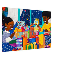 African American artwork of joyful children opening Christmas presents in colorful wrapping.
