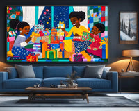 Festive home decor featuring African American artwork of family joy and holiday cheer.