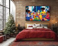 Vibrant holiday scene of Black family gift exchange, illustrated in African American art style.