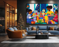 Colorful canvas print showing African American girls celebrating Christmas with gifts.