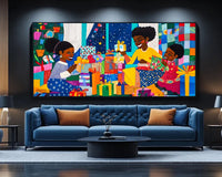 African American themed holiday artwork with children surrounded by festive presents.