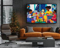 Joyful Christmas night captured in African American artwork with vibrant colors and smiles.