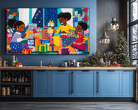 Black heritage holiday art showing kids enjoying a festive gift-giving celebration.