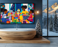 African American art canvas of girls unwrapping gifts in a winter-themed living room.