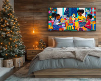 Whimsical African American painting of kids with presents during a cozy Christmas night.