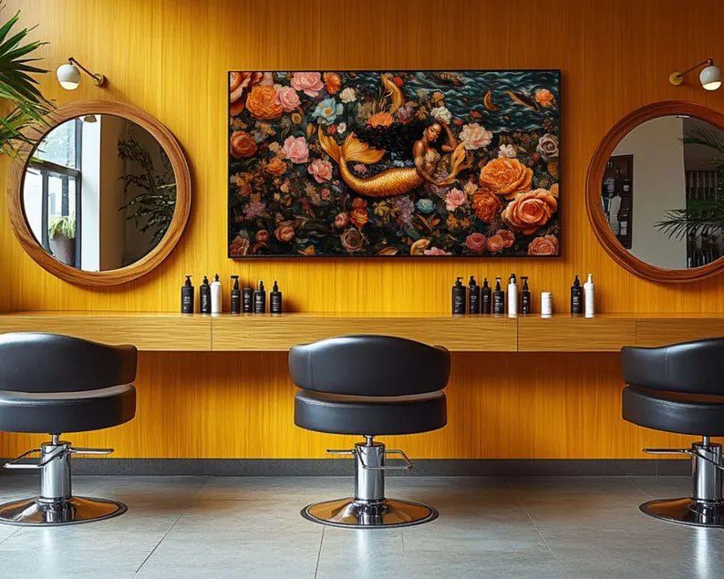 African American mermaid artwork with floral background