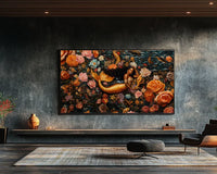 Black female mermaid canvas art in rich floral tones