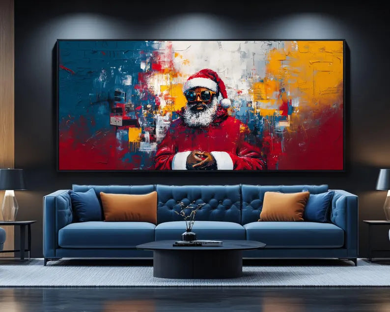 Urban-inspired holiday canvas of a cool African American Santa Claus.
