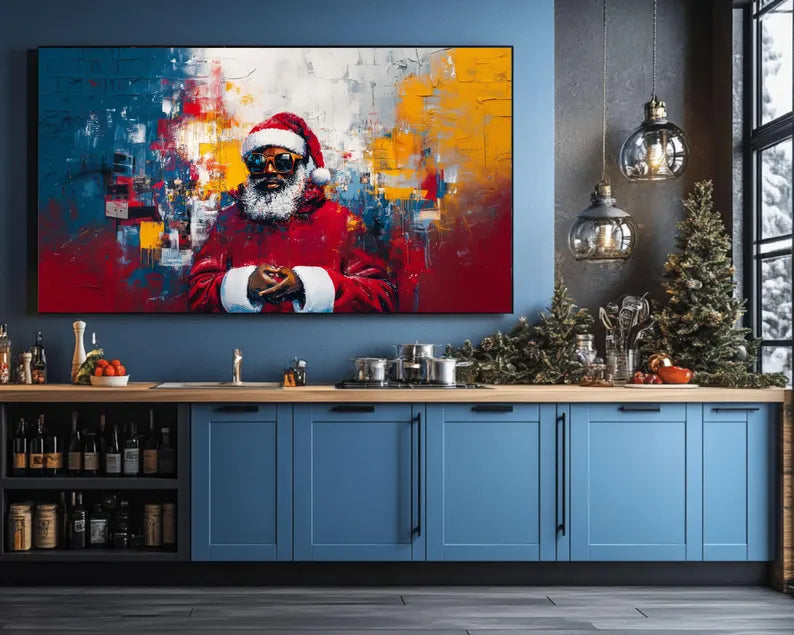 Modern Black Santa painting with urban graffiti-style colors.