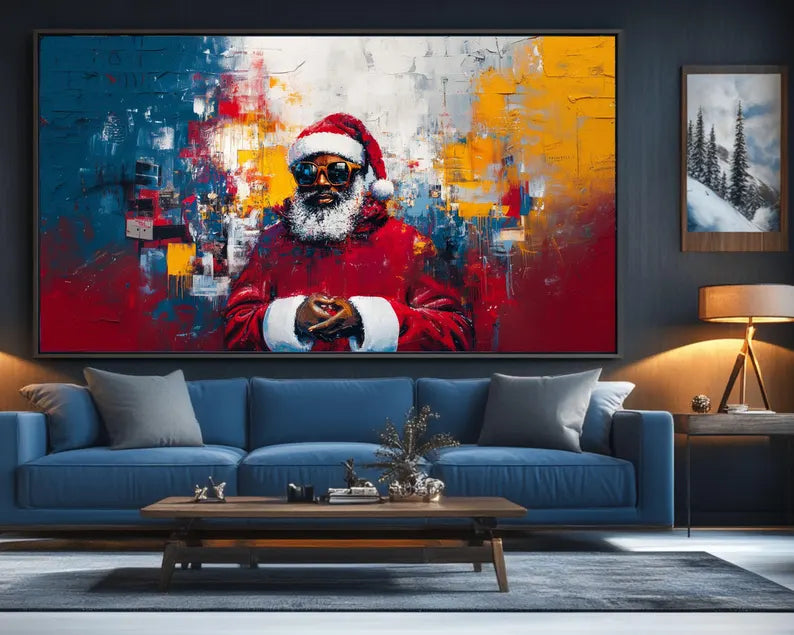 Holiday decor print of African American Santa Claus in expressive brushwork.