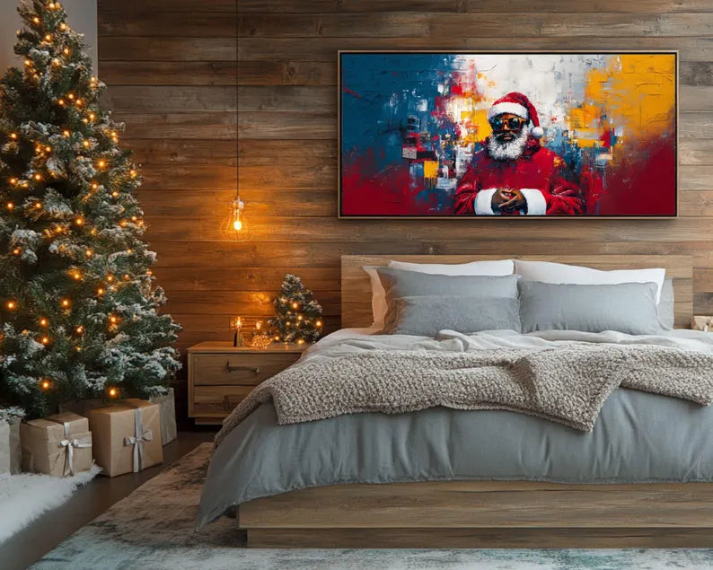 Hip African American holiday artwork of Santa with a bold beard and shades.