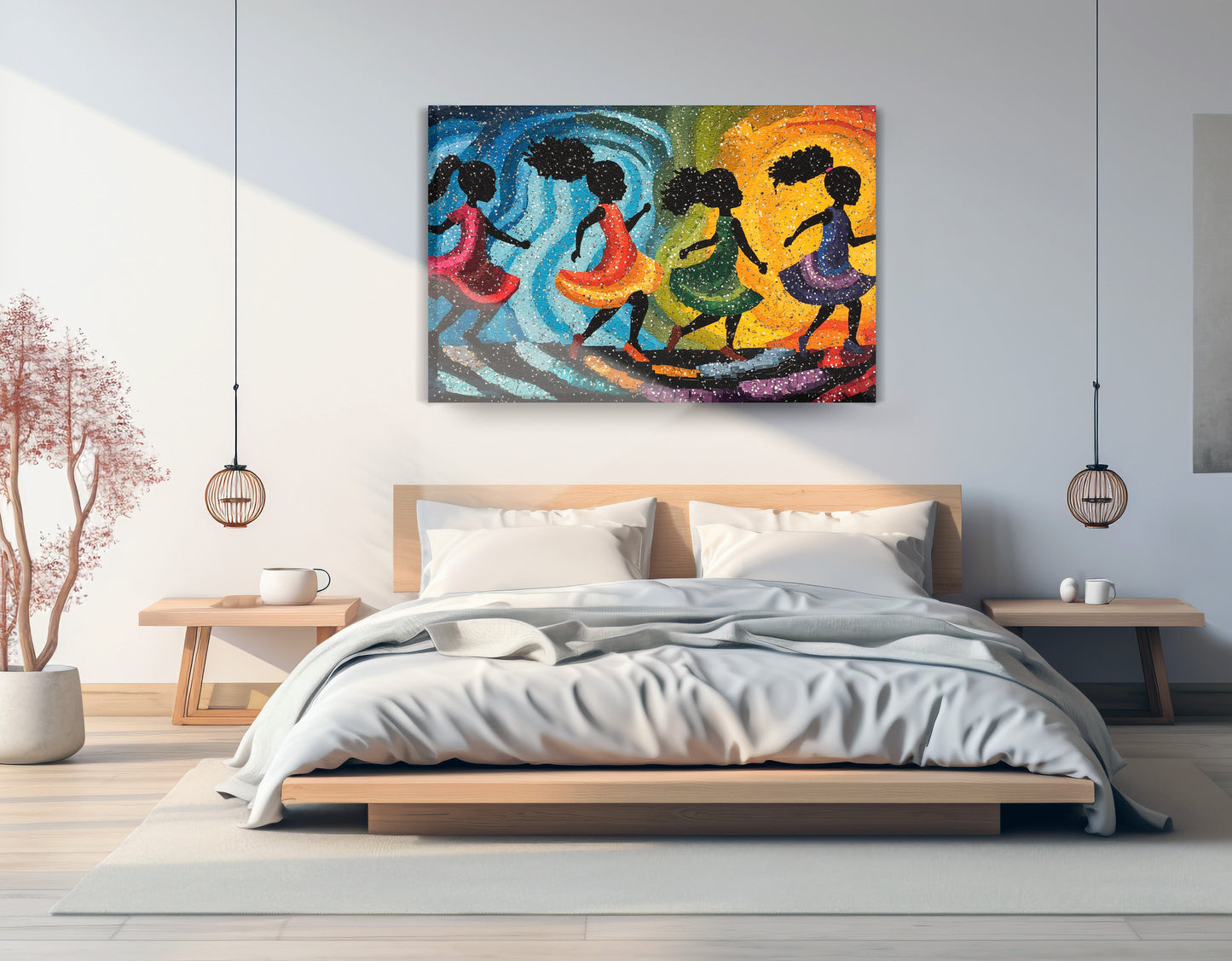 Black Women Dancing Abstract Black woman wall art displayed as bedroom wall decor