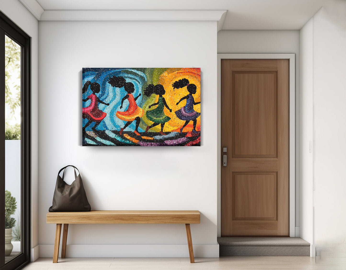 Black Women Dancing Abstract Black woman wall art displayed as entryway wall decor