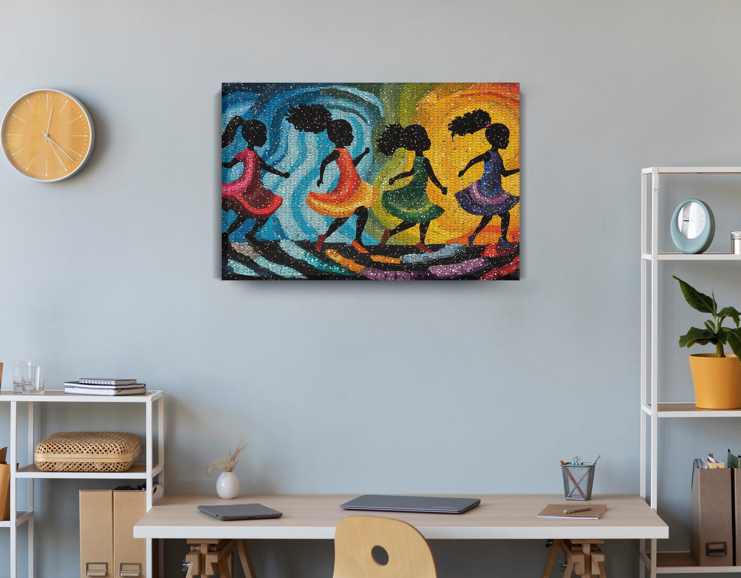 Black Women Dancing Abstract Black woman wall art displayed as office wall decor