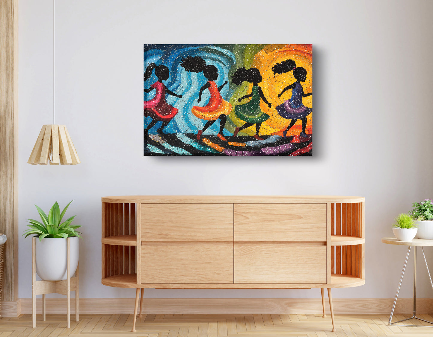 Black Women Dancing Abstract Black woman wall art displayed as living room wall decor