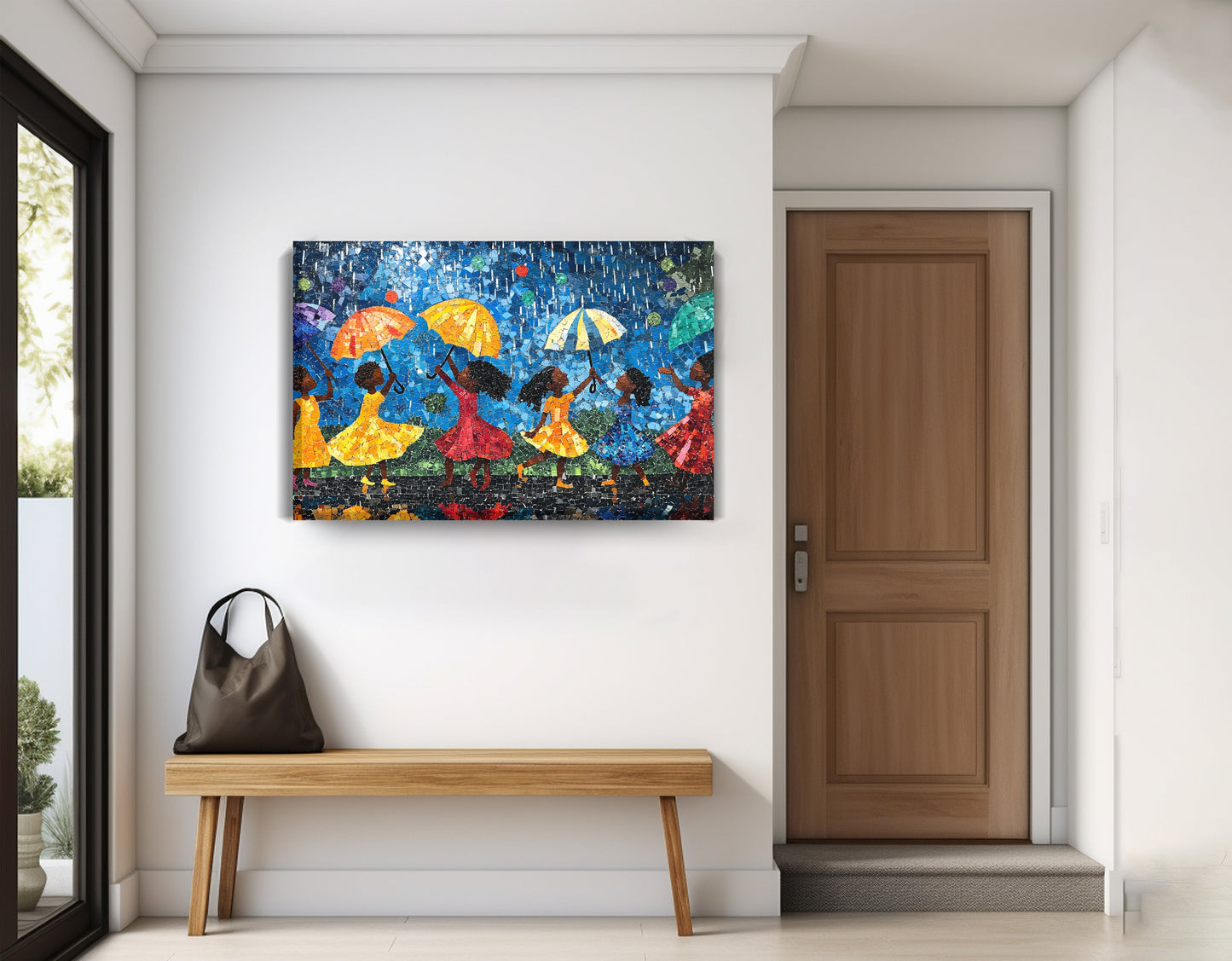 Black Girls Rainy Day Black children wall art displayed as entryway wall decor