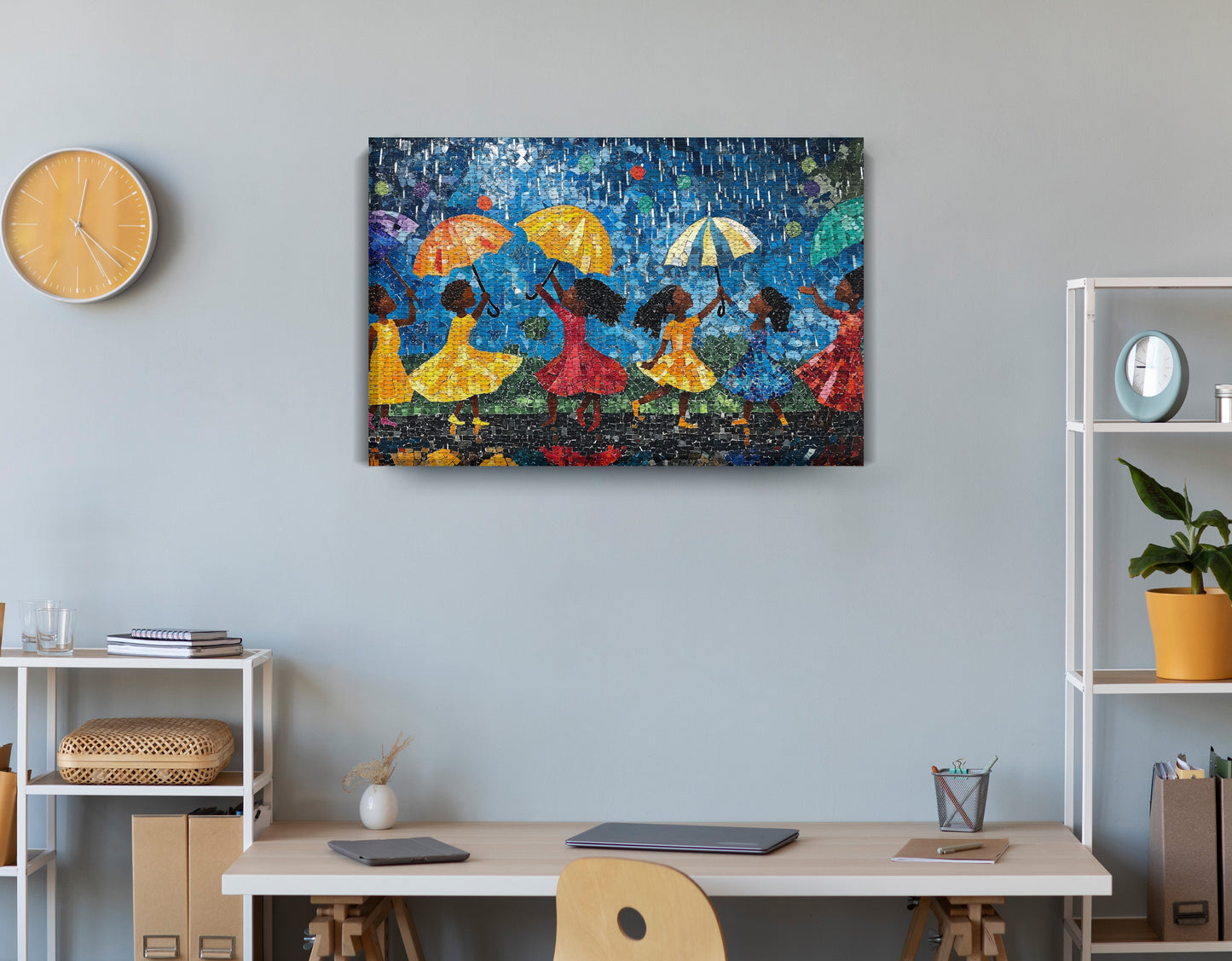 Black Girls Rainy Day Black children wall art displayed as office wall decor